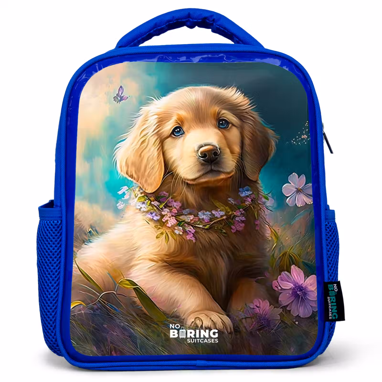 Kinderrugzak - Blauw - Goudkleurige puppy in het gras — 1