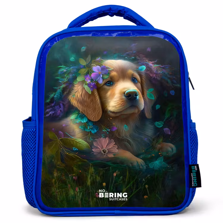 Kinderrugzak - Blauw - Bruine hond tussen de bloemen — 1