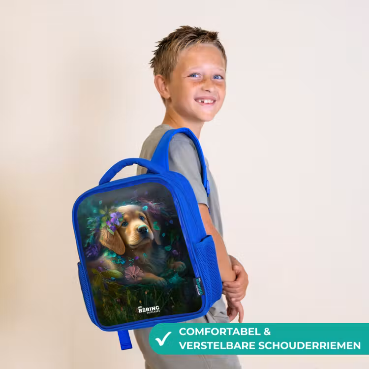 Kinderrugzak - Blauw - Bruine hond tussen de bloemen — 4