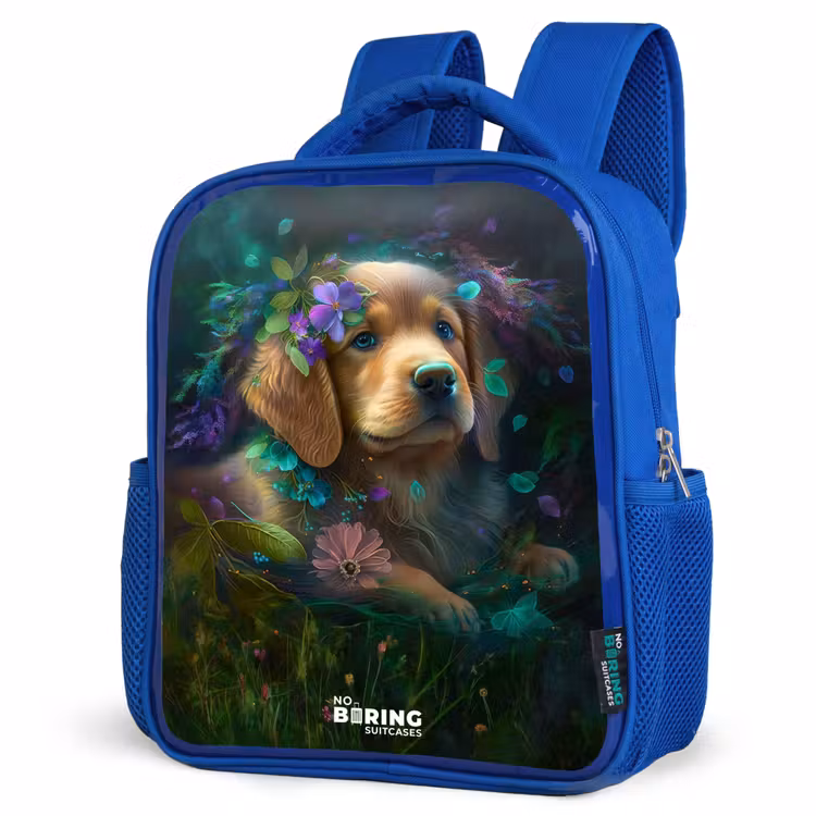 Kinderrugzak - Blauw - Bruine hond tussen de bloemen — 9
