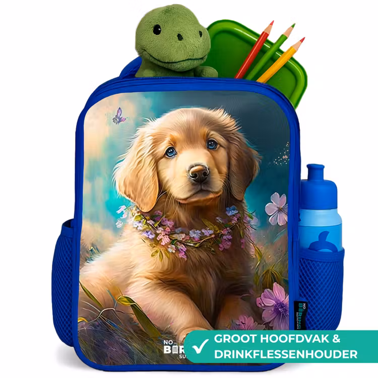 Kinderrugzak - Blauw - Goudkleurige puppy in het gras — 5