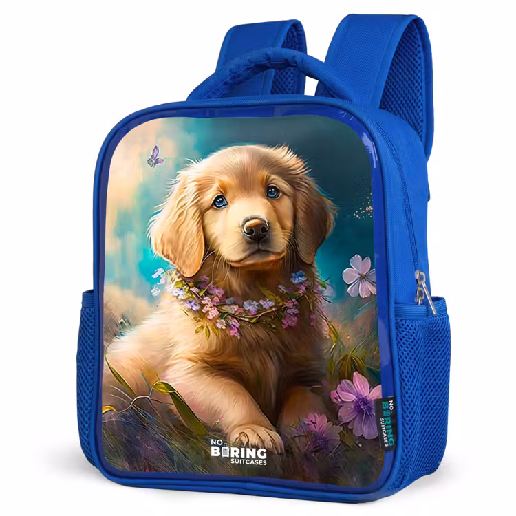Kinderrugzak - Blauw - Goudkleurige puppy in het gras — 9