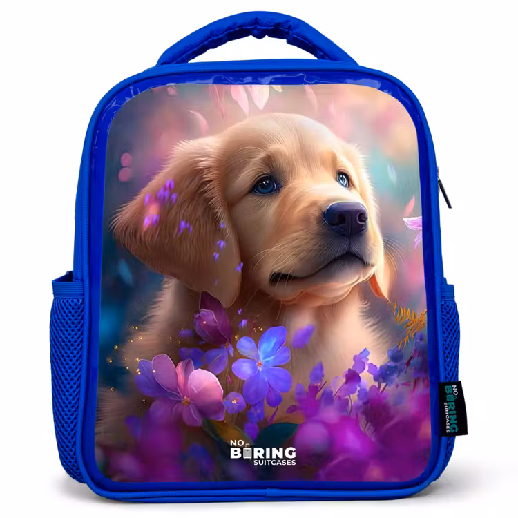 Kinderrugzak - Blauw - Jonge hond tussen felgekleurde bloemen — 1