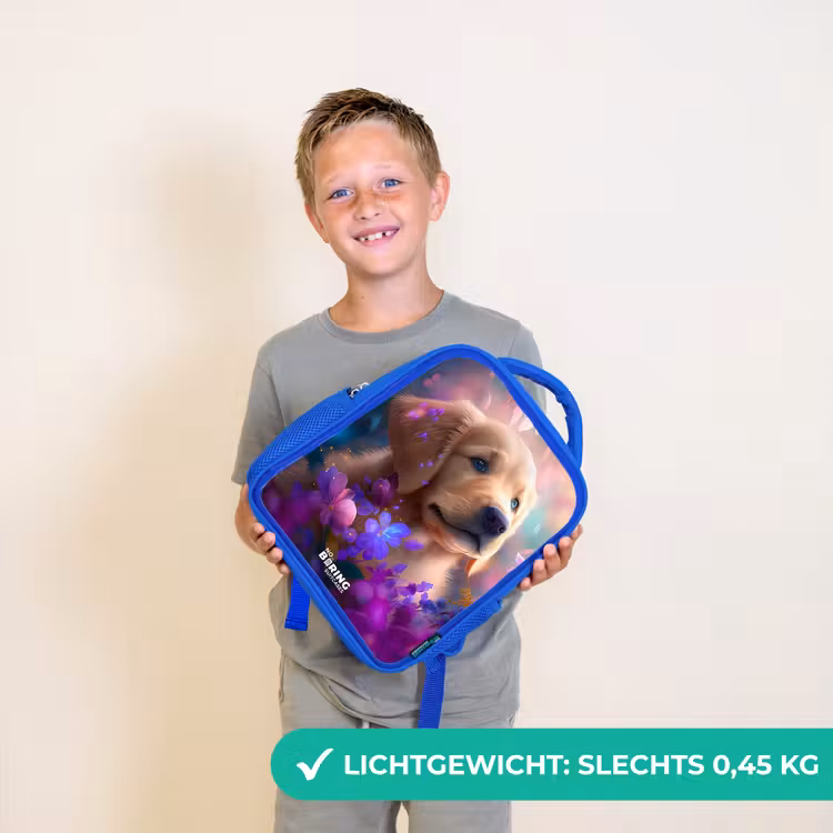 Kinderrugzak - Blauw - Jonge hond tussen felgekleurde bloemen — 2