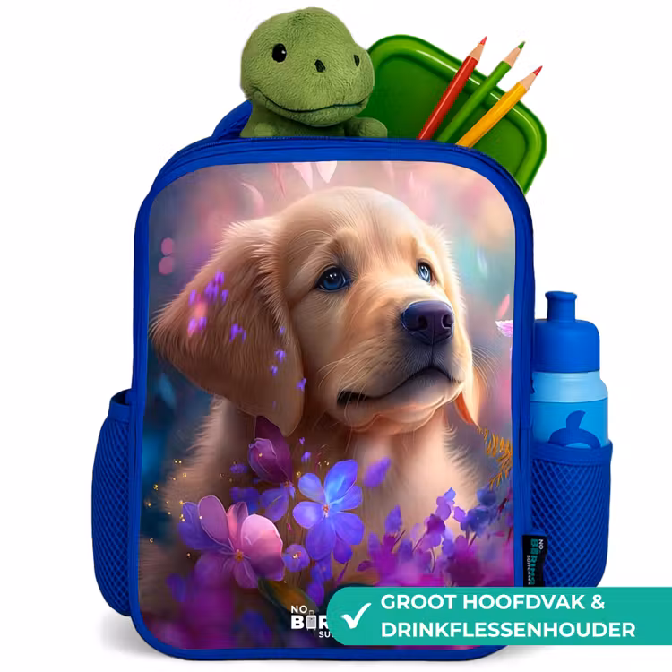 Kinderrugzak - Blauw - Jonge hond tussen felgekleurde bloemen — 5