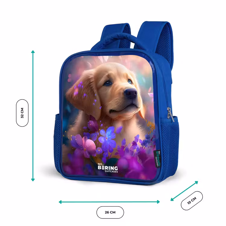 Kinderrugzak - Blauw - Jonge hond tussen felgekleurde bloemen — 6