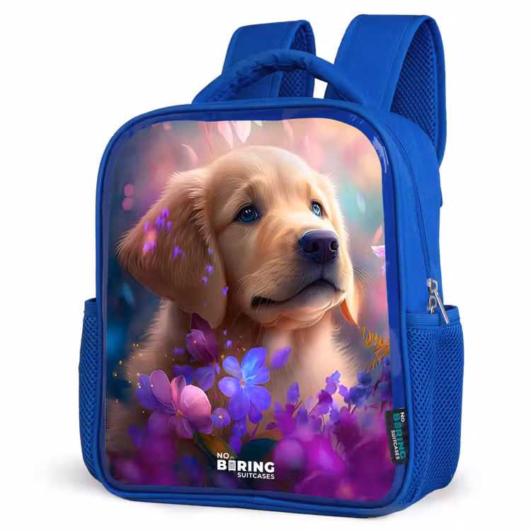 Kinderrugzak - Blauw - Jonge hond tussen felgekleurde bloemen — 9