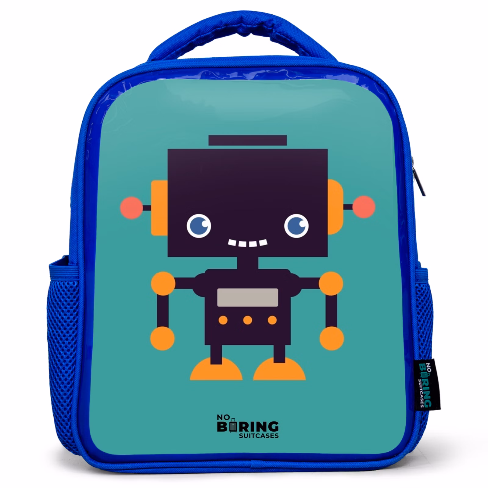 Kinderrugzak - Blauw - Zwarte robot met oranje accenten op een blauwe achtergrond — 1