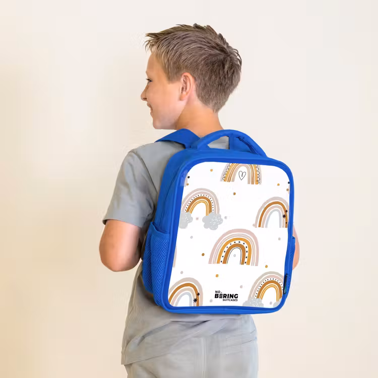 Kinderrugzak - Blauw - Regenbogen patroon in zachte kleuren — 3