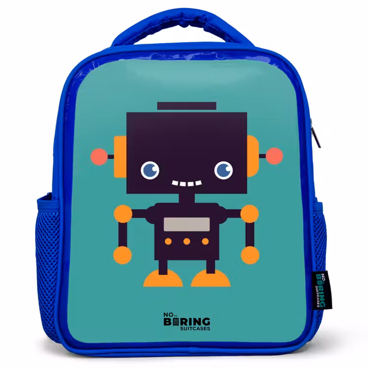 Kinderrugzak - Blauw - Zwarte robot met oranje accenten op een blauwe achtergrond — 1
