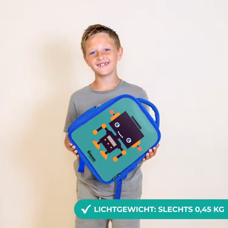Kinderrugzak - Blauw - Zwarte robot met oranje accenten op een blauwe achtergrond — 2