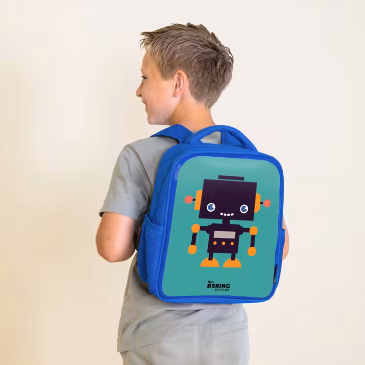 Kinderrugzak - Blauw - Zwarte robot met oranje accenten op een blauwe achtergrond — 3