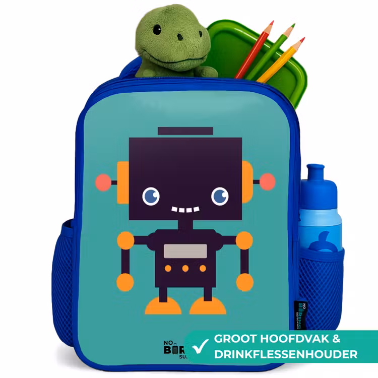 Kinderrugzak - Blauw - Zwarte robot met oranje accenten op een blauwe achtergrond — 5
