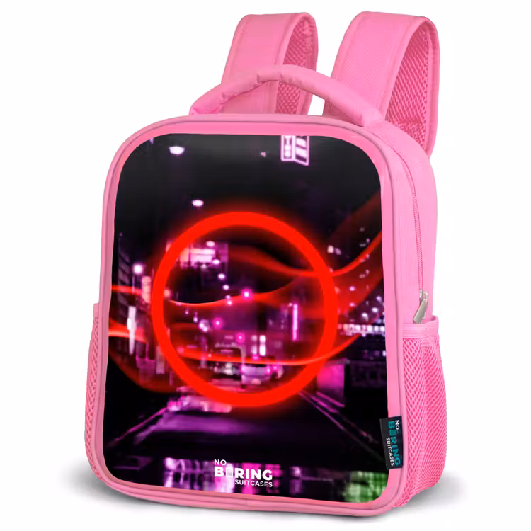Kinderrugzak - Roze - Felrode cirkel boven een neonverlichte stad — 6