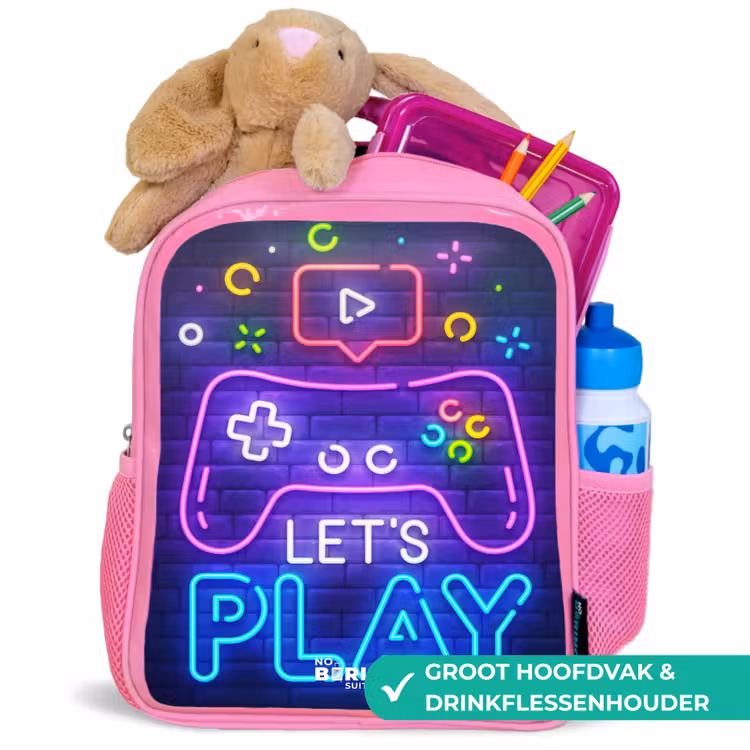 Kinderrugzak - Roze - Neoncontroller tegen een bakstenen muur — 2
