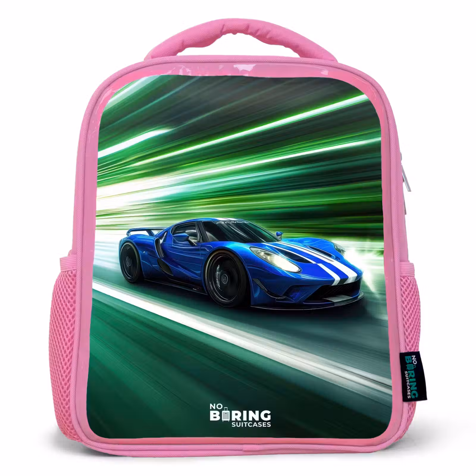 Kinderrugzak - Roze - Blauwe raceauto met strepen in groene tunnel — 1