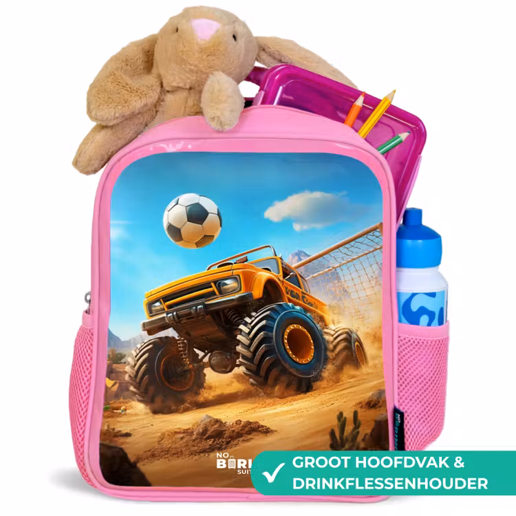 Kinderrugzak - Roze - Monstertruck scoort goal in woestijnstadion — 2