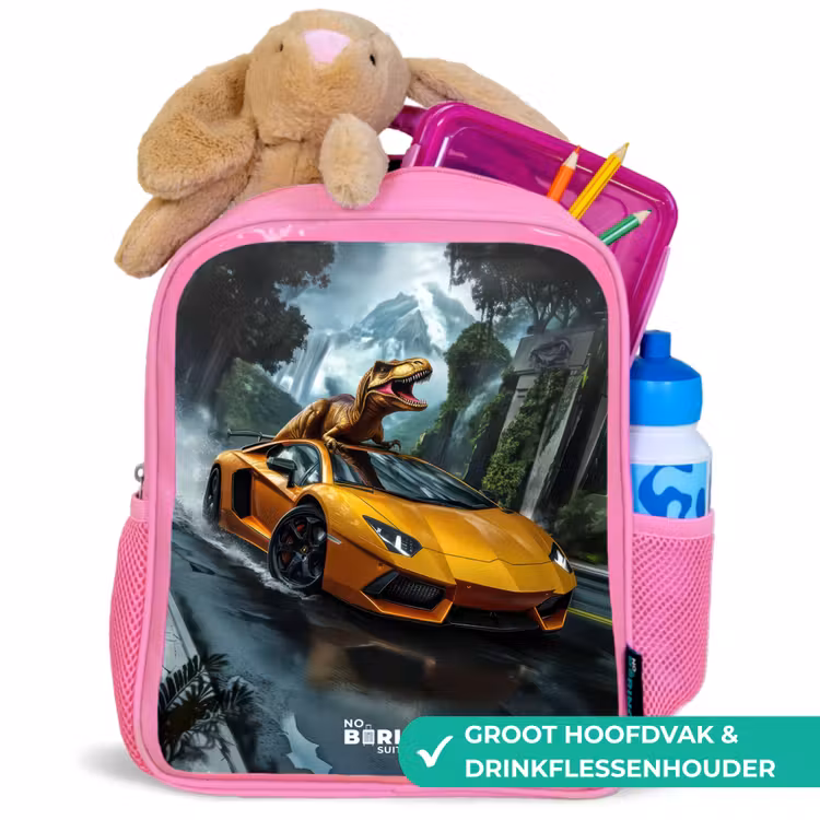 Kinderrugzak - Roze - T-Rex op oranje sportauto in regenachtig woud — 2