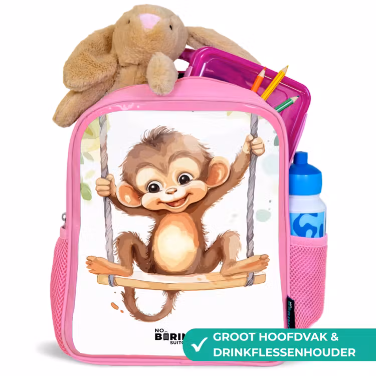 Kinderrugzak - Roze - Vrolijk aapje op een schommel illustratie — 2