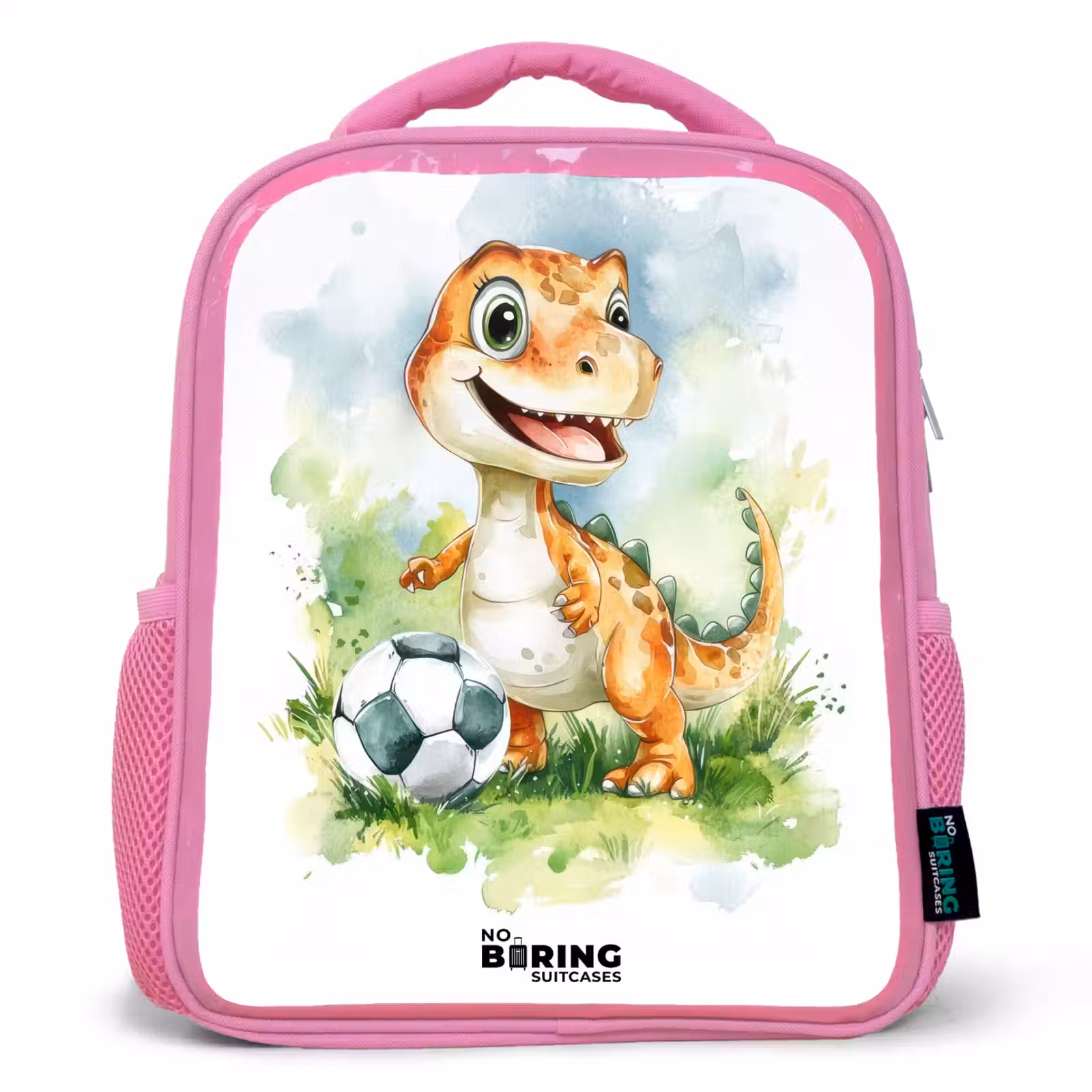 Kinderrugzak - Roze - Dino met voetbal in kleurrijk veld — 1