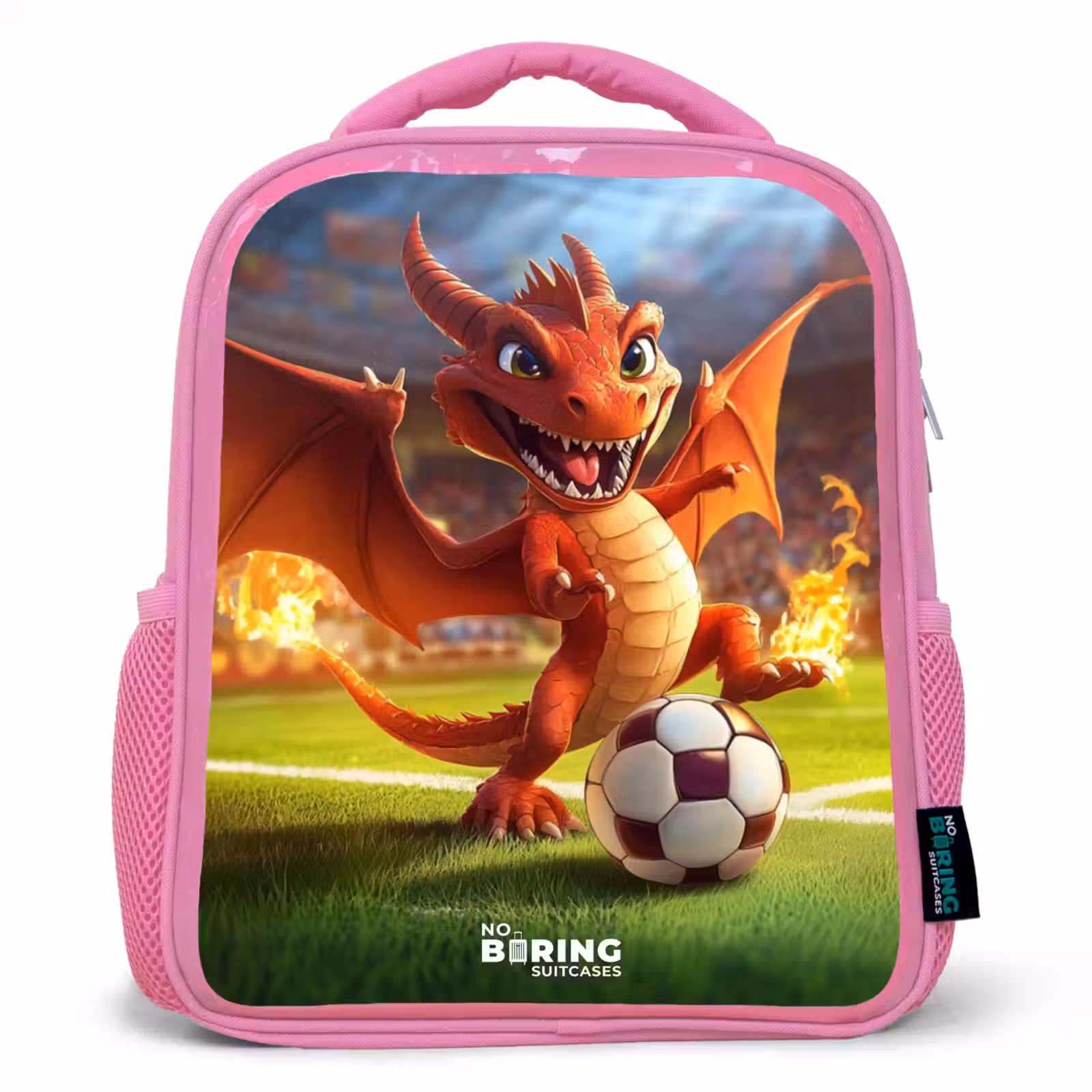 Kinderrugzak - Roze - Rode draak voetbalt in zonnig stadion — 1