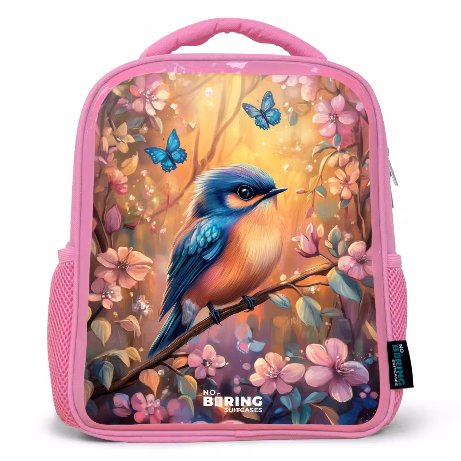 Kinderrugzak - Roze - Vogel met vlinders in kleurrijk bos. — 1