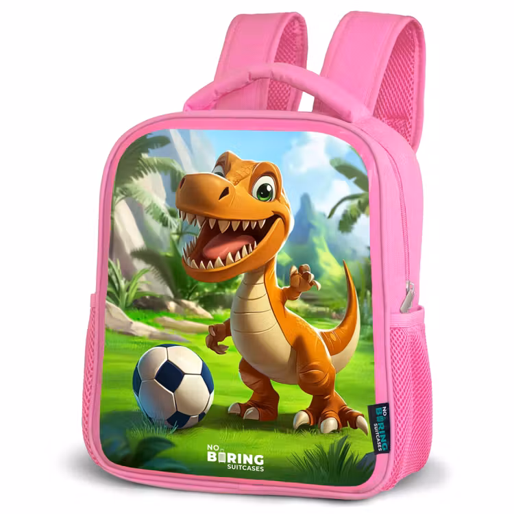 Kinderrugzak - Roze - Dino met een voetbal in groen landschap — 6