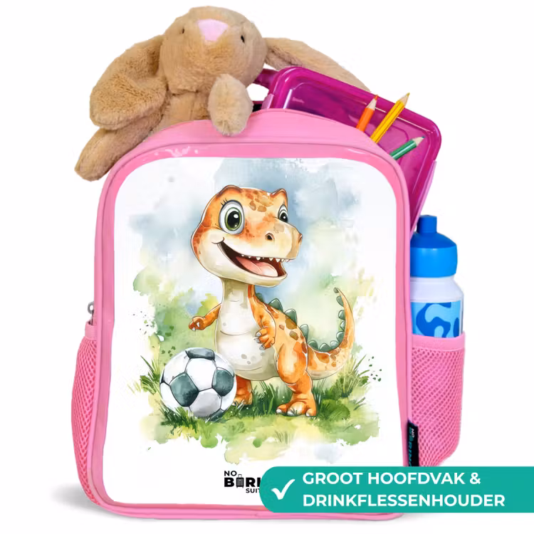 Kinderrugzak - Roze - Dino met voetbal in kleurrijk veld — 2