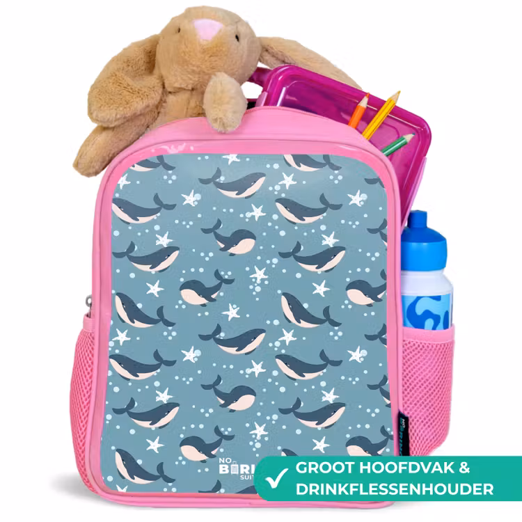 Kinderrugzak - Roze - Donkerblauw walvissenpatroon met zeesterren — 2