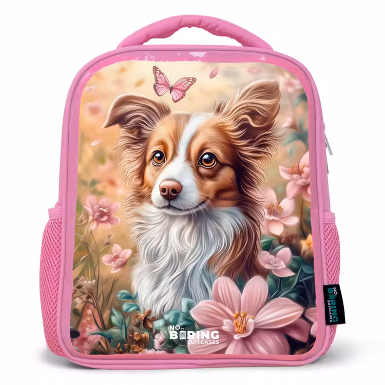Kinderrugzak - Roze - Hond in bloemenveld met vlinders — 1