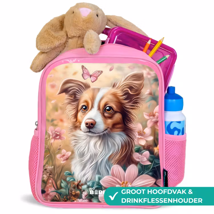 Kinderrugzak - Roze - Hond in bloemenveld met vlinders — 2