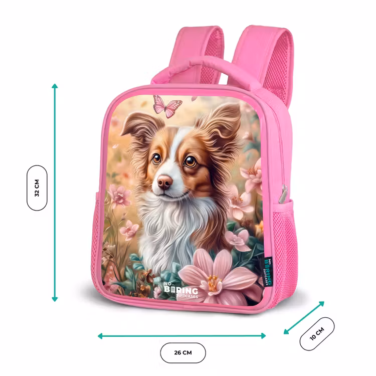 Kinderrugzak - Roze - Hond in bloemenveld met vlinders — 3