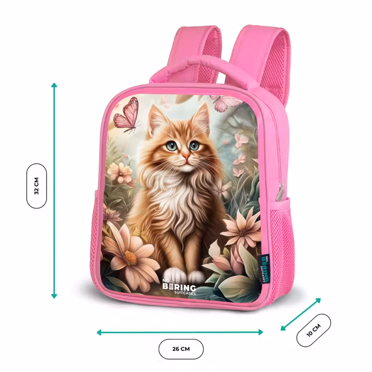 Kinderrugzak - Roze - Kat in bloemenveld met roze vlinders. — 3