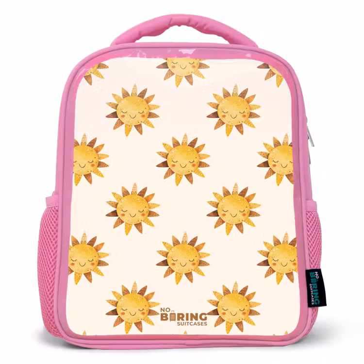 Kinderrugzak - Roze - Lachende zonnetjes als patroon op beige achtergrond — 1