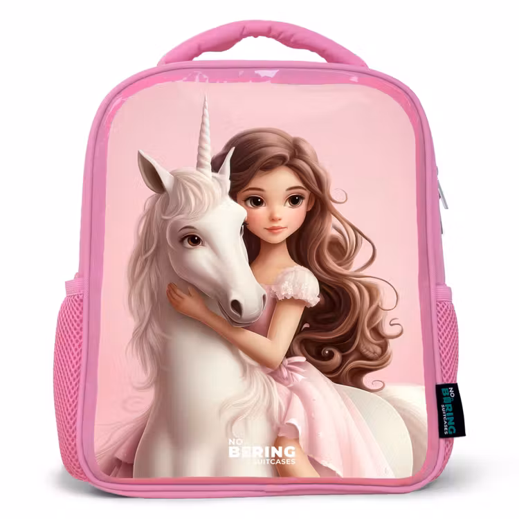 Kinderrugzak - Roze - Meisje met witte eenhoorn op roze achtergrond — 1