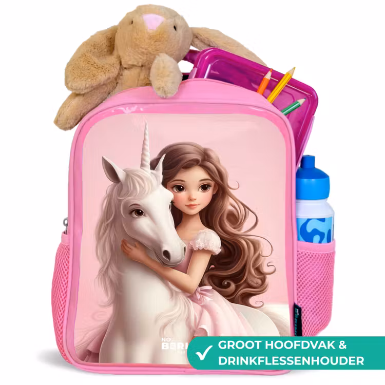 Kinderrugzak - Roze - Meisje met witte eenhoorn op roze achtergrond — 2