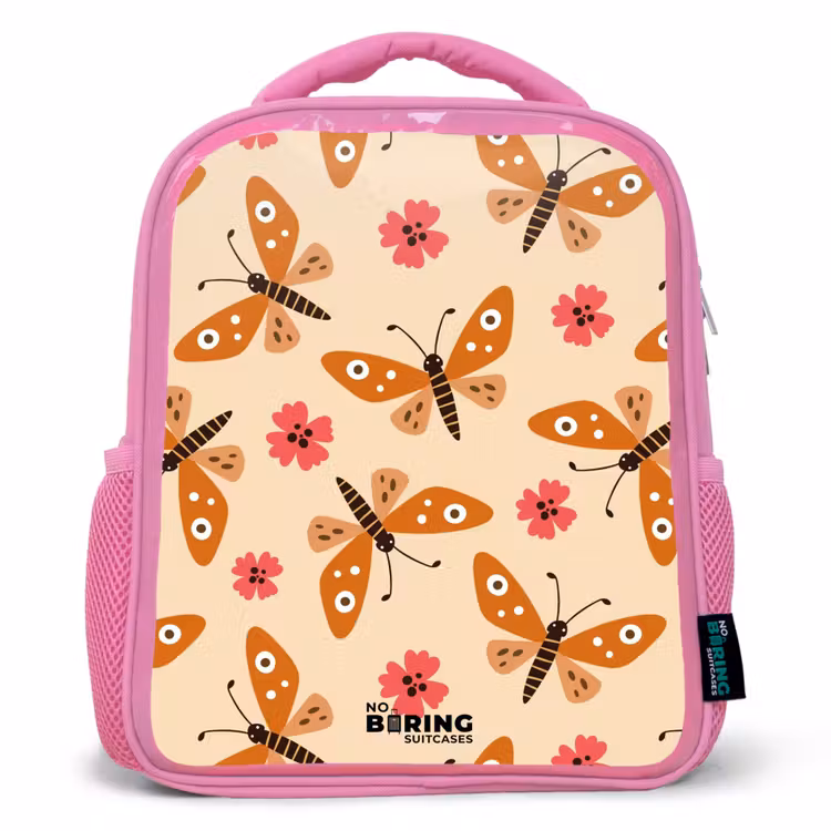 Kinderrugzak - Roze - Oranje vlinders en roze bloemen op beige achtergrond — 1