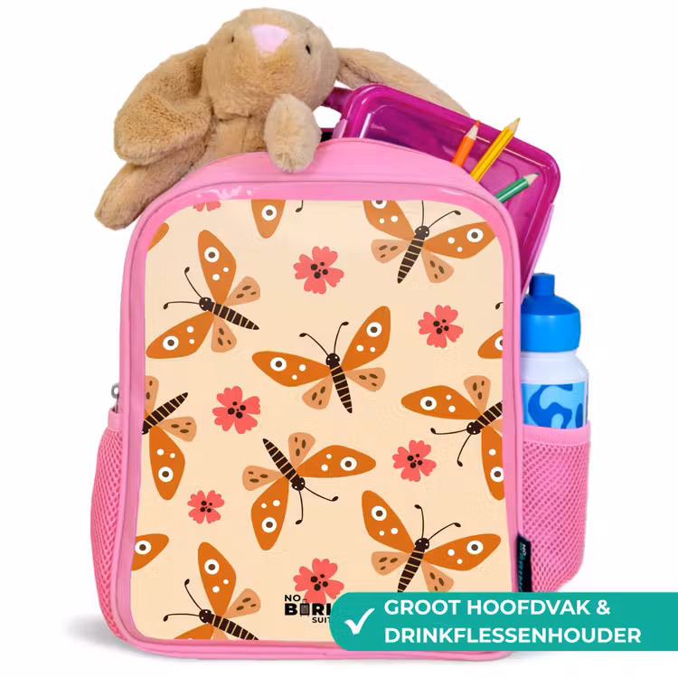 Kinderrugzak - Roze - Oranje vlinders en roze bloemen op beige achtergrond — 2