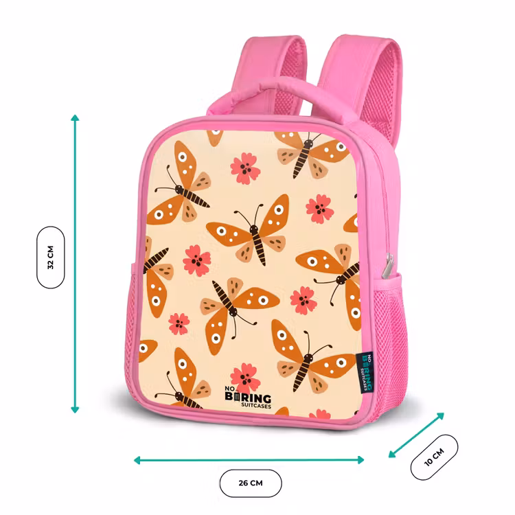 Kinderrugzak - Roze - Oranje vlinders en roze bloemen op beige achtergrond — 3