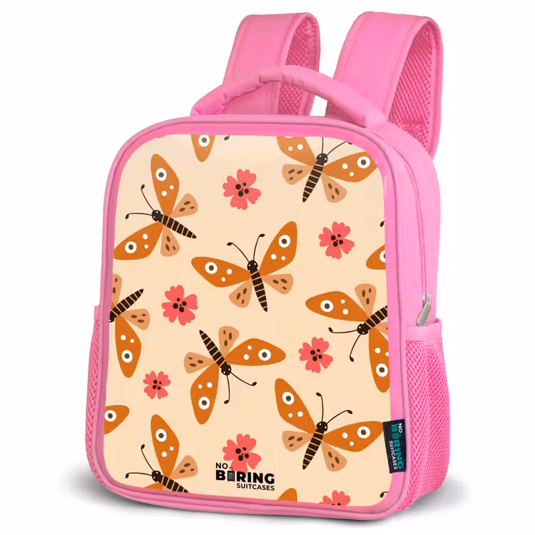 Kinderrugzak - Roze - Oranje vlinders en roze bloemen op beige achtergrond — 6
