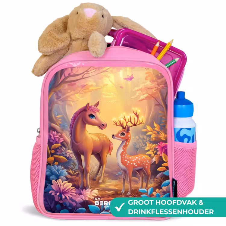 Kinderrugzak - Roze - Paard en hert in een roze sprookjesbos — 2
