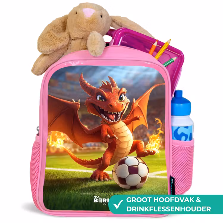 Kinderrugzak - Roze - Rode draak voetbalt in zonnig stadion — 2
