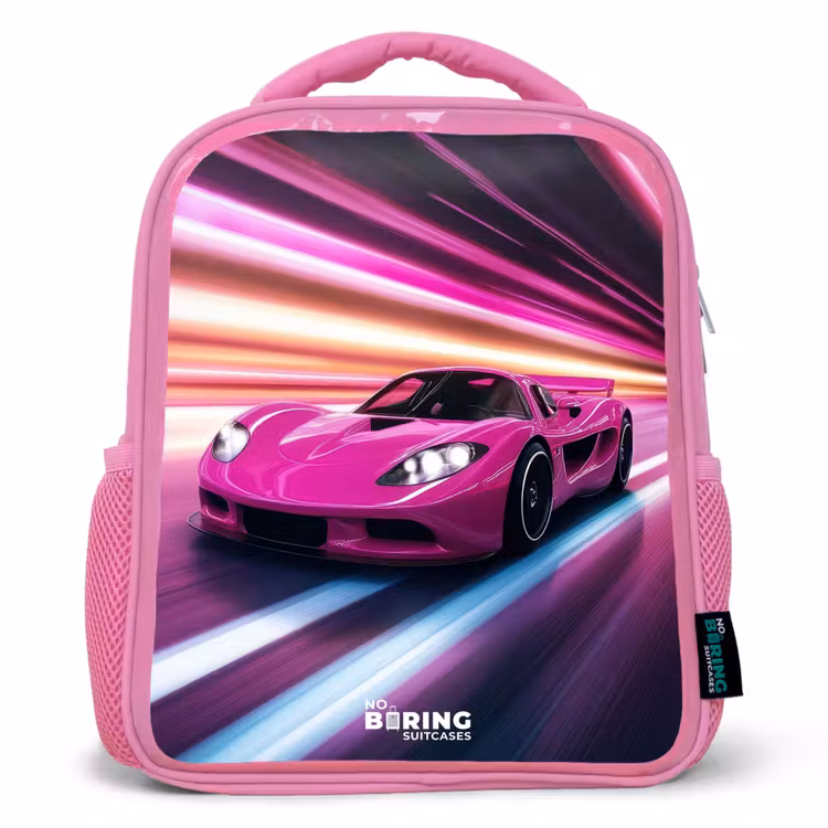 Kinderrugzak - Roze - Roze raceauto flitst door neonlicht — 1