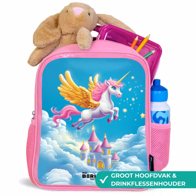 Kinderrugzak - Roze - Vliegende eenhoorn met gouden vleugels boven kasteel β 2
