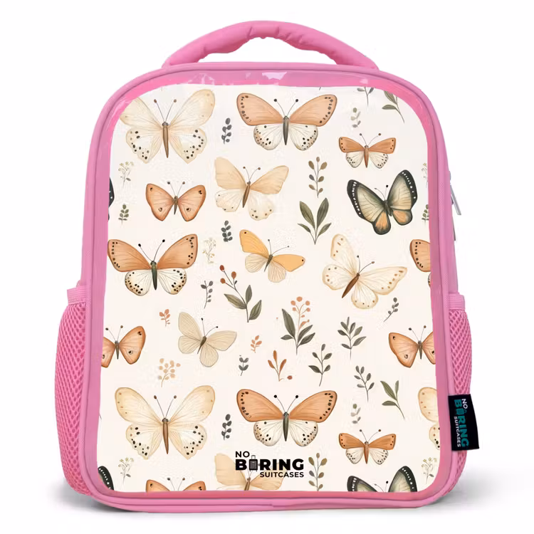 Kinderrugzak - Roze - Vlinders in beige en oranjetinten tussen groene blaadjes — 1
