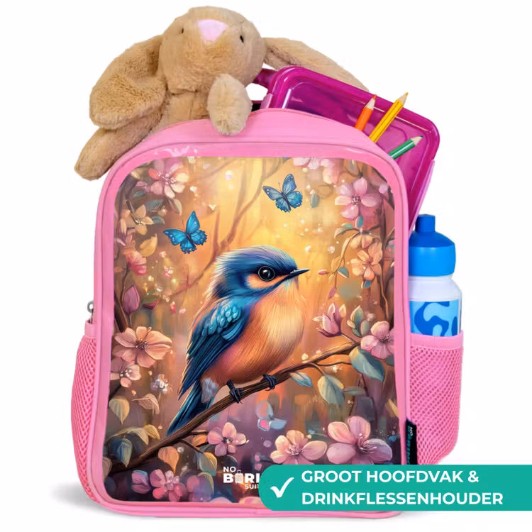 Kinderrugzak - Roze - Vogel met vlinders in kleurrijk bos. — 2