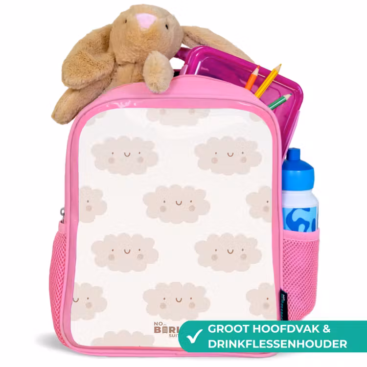 Kinderrugzak - Roze - Vrolijke wolkjes met gezichtjes op crèmekleurige achtergrond — 2