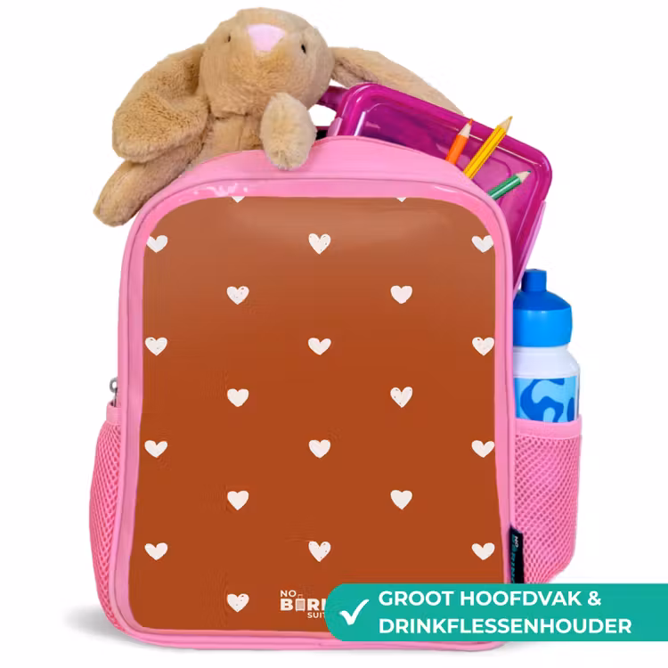 Kinderrugzak - Roze - Wit hartjespatroon op oranje bruine achtergrond — 2