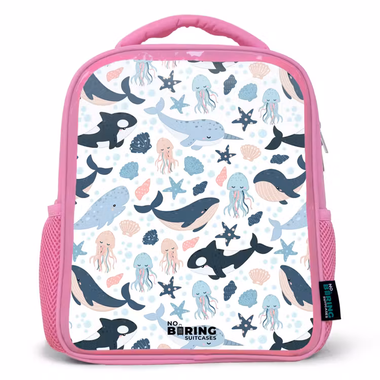 Kinderrugzak - Roze - Zeedierenpatroon met walvissen, kwallen en orka's — 1