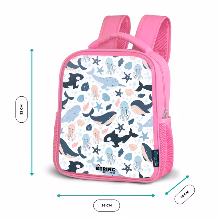 Kinderrugzak - Roze - Zeedierenpatroon met walvissen, kwallen en orka's — 3